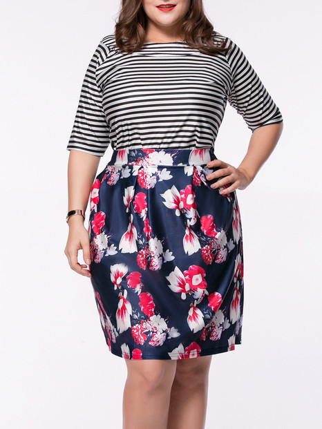 Casual Plus Size Striped T-Shirt And Floral Flared Midi Skirt