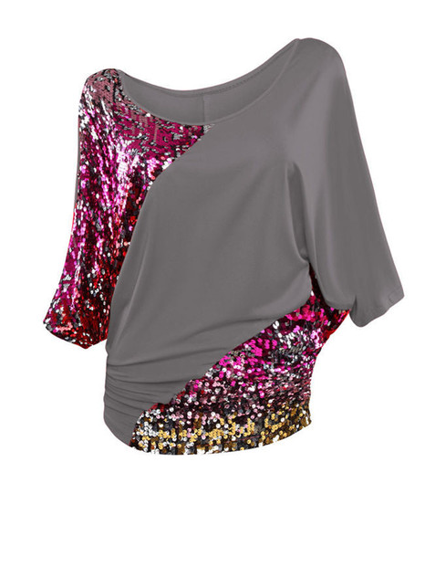 Casual Stunning Batwing Sleeve Glitter Round Neck Plus Size T-Shirt