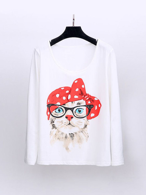 Casual Round Neck Cat Cartoon Plus Size T-Shirt