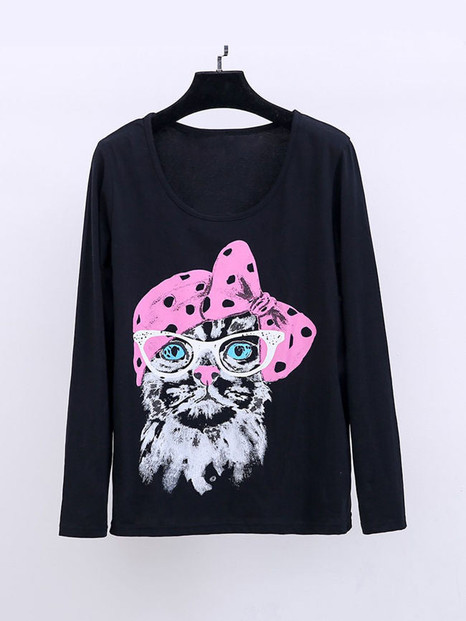 Casual Round Neck Cat Cartoon Plus Size T-Shirt