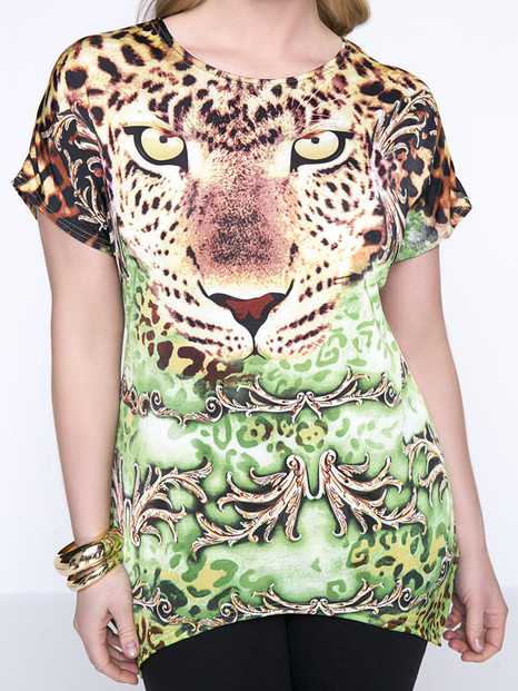 Casual Animal Printed Round Neck Asymmetric Hem Plus Size T-Shirt