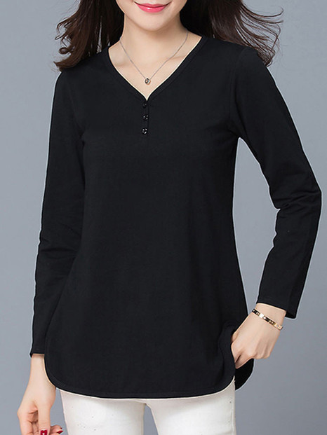 Casual Designed V-Neck Side Slit Plain Plus Size T-Shirt