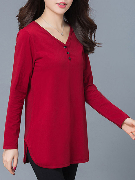 Casual Designed V-Neck Side Slit Plain Plus Size T-Shirt