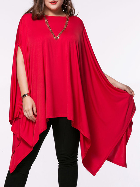 Casual Oversized Asymmetric Hem Plain Cape Sleeve Plus Size T-Shirt