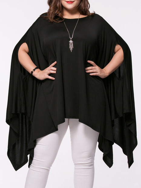 Casual Oversized Asymmetric Hem Plain Cape Sleeve Plus Size T-Shirt