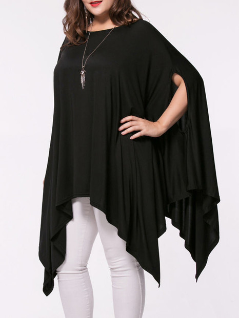 Casual Oversized Asymmetric Hem Plain Cape Sleeve Plus Size T-Shirt