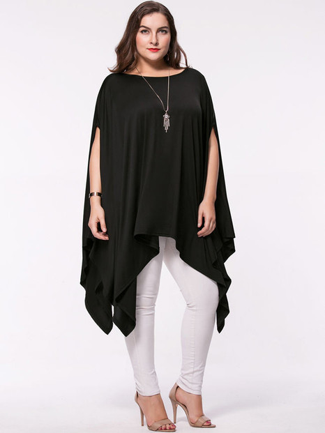 Casual Oversized Asymmetric Hem Plain Cape Sleeve Plus Size T-Shirt