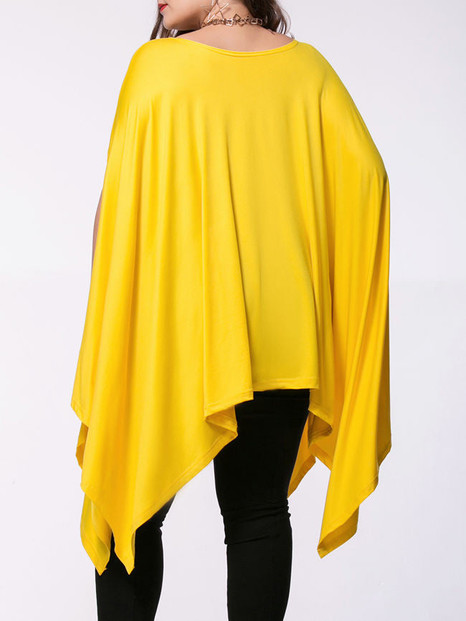 Casual Oversized Asymmetric Hem Plain Cape Sleeve Plus Size T-Shirt