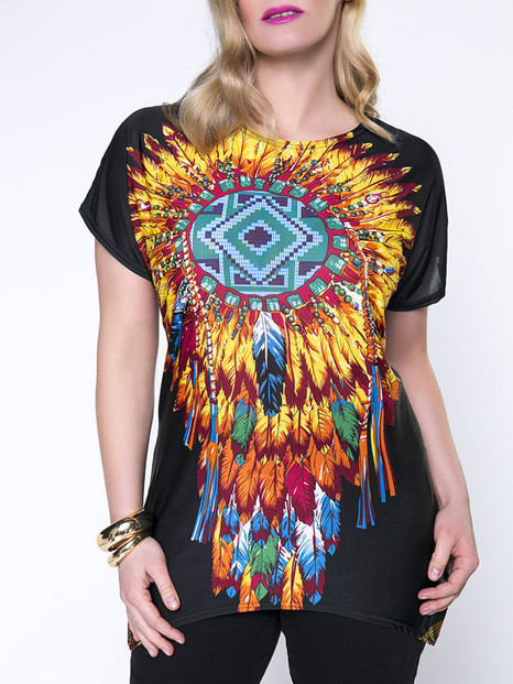 Casual Indian Feather Printed Round Neck Plus Size T-Shirt