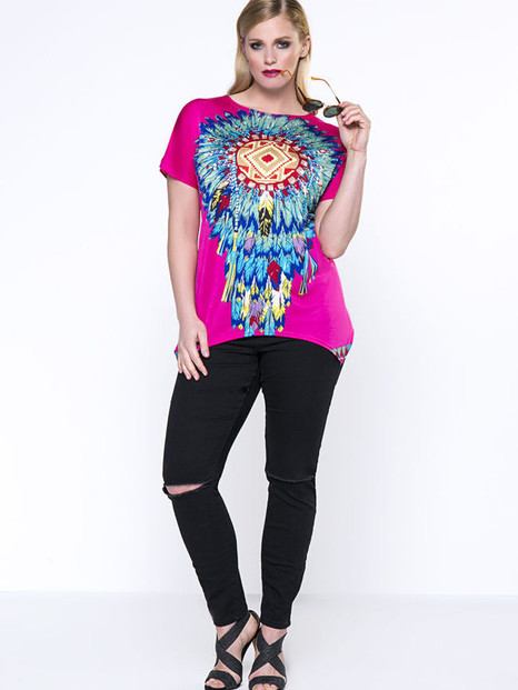 Casual Indian Feather Printed Round Neck Plus Size T-Shirt