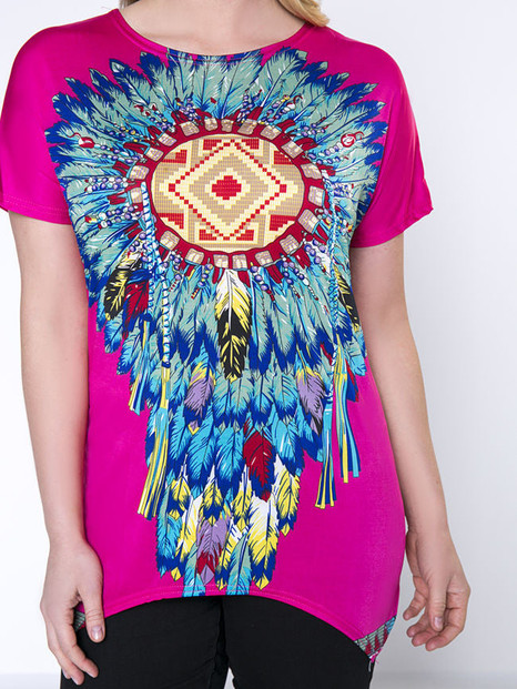 Casual Indian Feather Printed Round Neck Plus Size T-Shirt