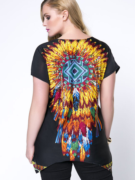 Casual Indian Feather Printed Round Neck Plus Size T-Shirt