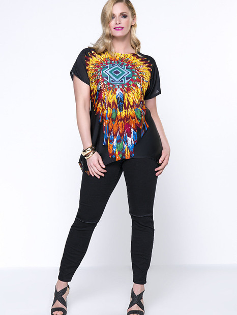 Casual Indian Feather Printed Round Neck Plus Size T-Shirt