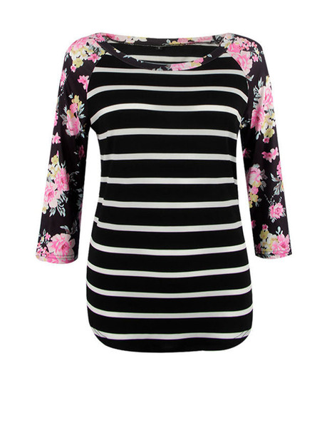 Casual Round Neck Printed Striped Plus Size Raglan Sleeve T-Shirt