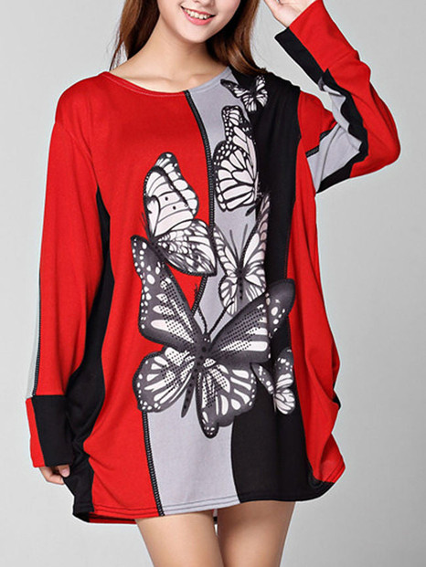 Casual Butterfly Round Neck Color Block Printed Plus Size T-Shirt