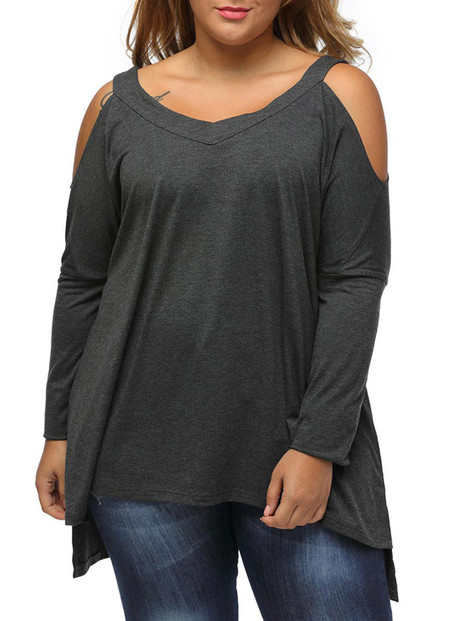 Casual Open Shoulder Plain Plus Size T-Shirt