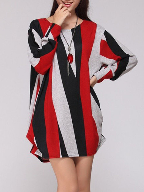 Casual Color Block Vertical Striped Round Neck Plus Size T-Shirt