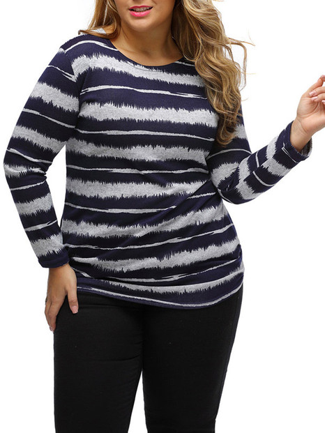 Casual Basic Round Neck Striped Plus Size T-Shirt