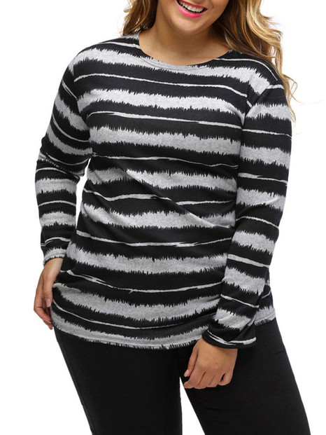 Casual Basic Round Neck Striped Plus Size T-Shirt