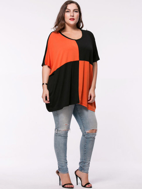 Casual Oversized Color Block Round Neck Plus Size T-Shirt