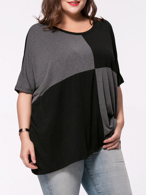 Casual Oversized Color Block Round Neck Plus Size T-Shirt