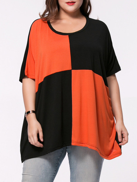 Casual Oversized Color Block Round Neck Plus Size T-Shirt