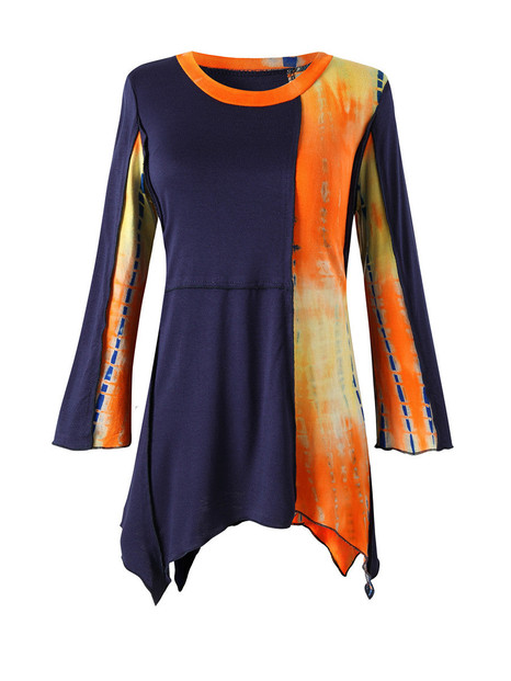 Casual Asymmetric Hem Tie/Dye Plus Size T-Shirt With Bell Sleeve