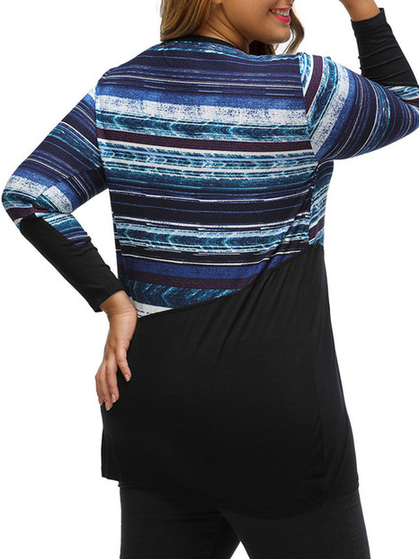 Casual Round Neck Patchwork Striped Plus Size T-Shirt