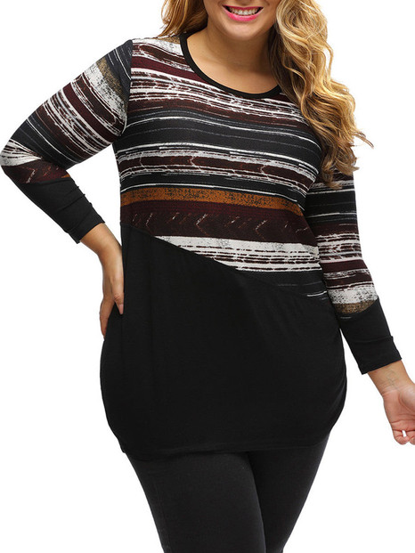 Casual Round Neck Patchwork Striped Plus Size T-Shirt