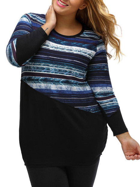 Casual Round Neck Patchwork Striped Plus Size T-Shirt