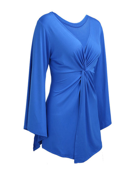 Casual Ruched Deep V-Neck Bell Sleeve Plus Size T-Shirt In Blue