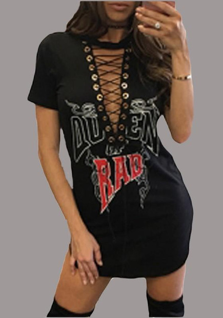 Black Monogram Print Lace-up Deep V-neck Club Grapgic T-shirt Mini Dress