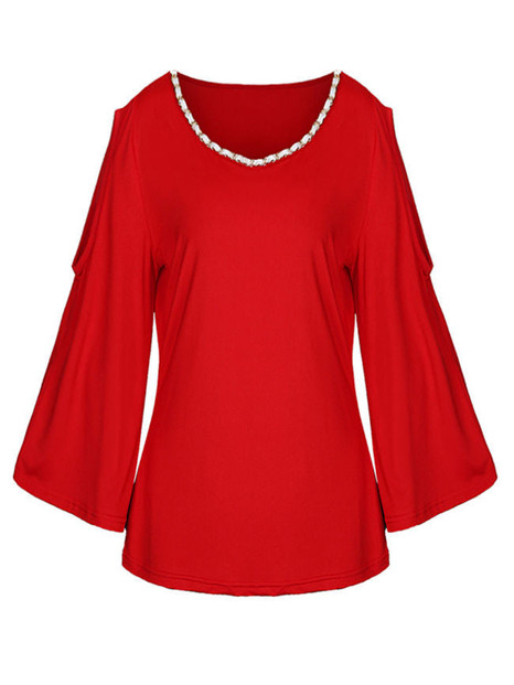 Casual Solid Open Shoulder Chain Bell Sleeve T-Shirt