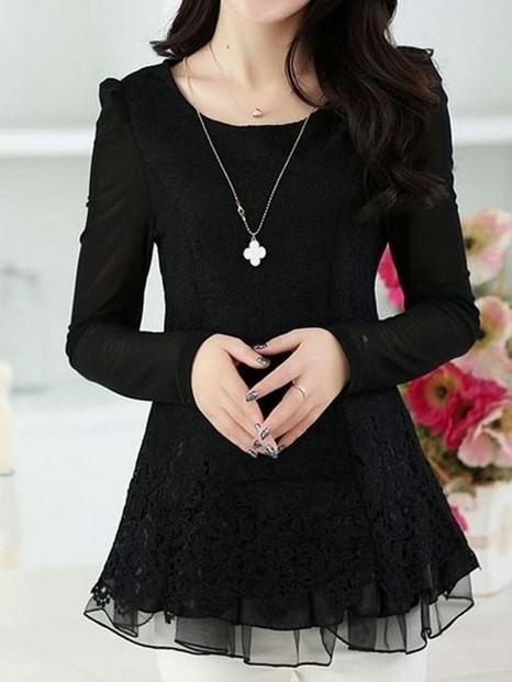 Casual Round Neck Lace Plain Long-sleeve-t-shirt