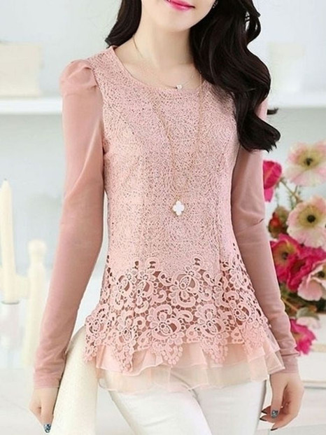 Casual Round Neck Lace Plain Long-sleeve-t-shirt