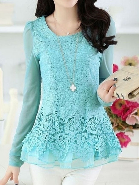 Casual Round Neck Lace Plain Long-sleeve-t-shirt