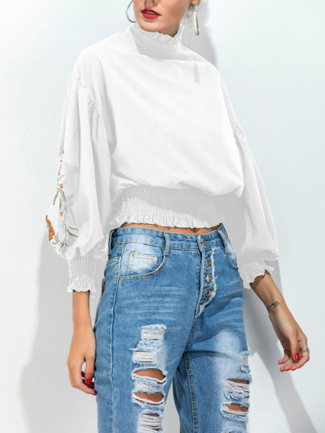 Casual Embroidery High Neck Exposed Navel Batwing Sleeve T-Shirt