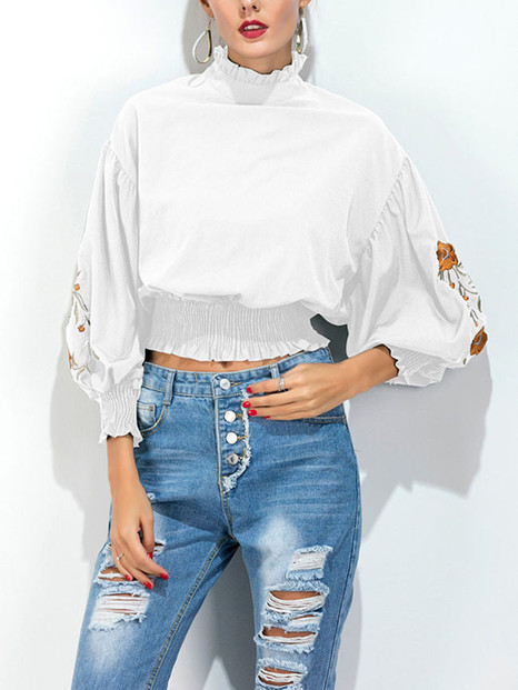 Casual Embroidery High Neck Exposed Navel Batwing Sleeve T-Shirt