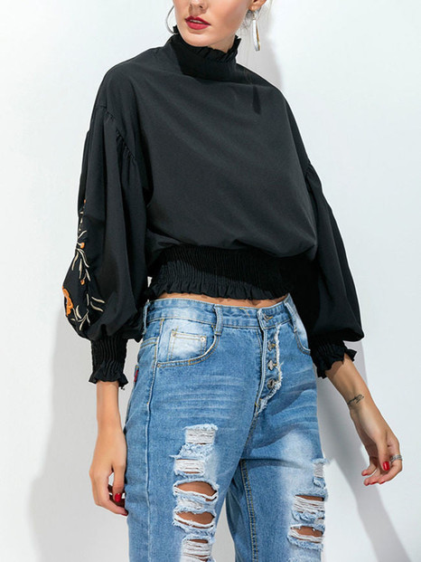 Casual Embroidery High Neck Exposed Navel Batwing Sleeve T-Shirt