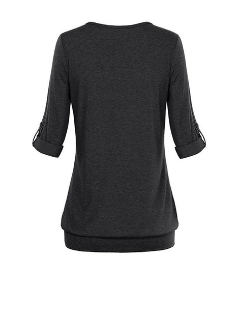 Casual Split Neck Patch Pocket Roll-Up Sleeve T-Shirt