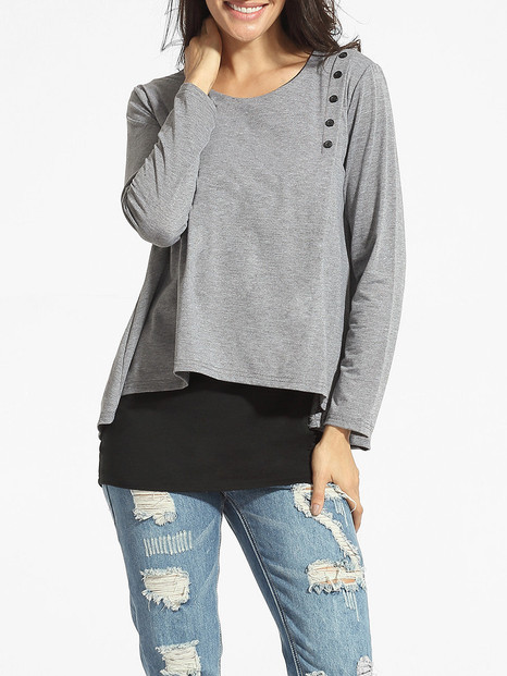 Casual Round Neck Single Breasted Patchwork Long-sleeve-t-shirt