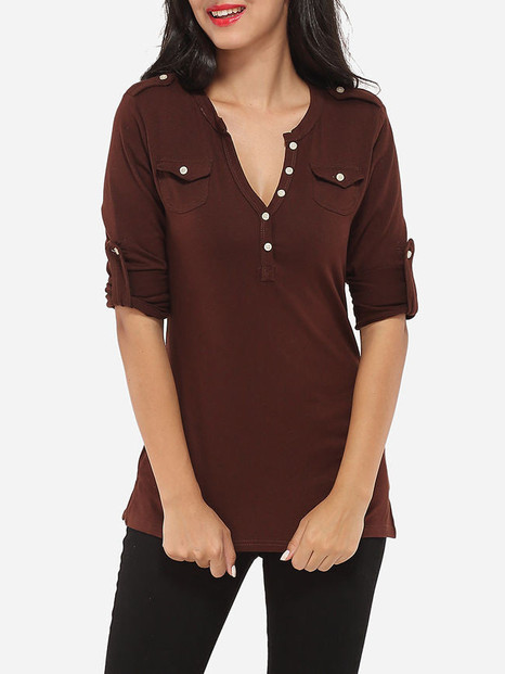 Casual Decorative Buttons V Neck Cotton Plain Long-sleeve-t-shirt