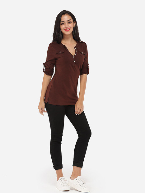 Casual Decorative Buttons V Neck Cotton Plain Long-sleeve-t-shirt