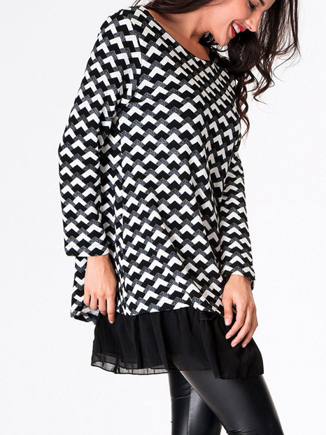 Casual Boat Neck Geometric Printed Ruffled Hem Long-sleeve-t-shirt