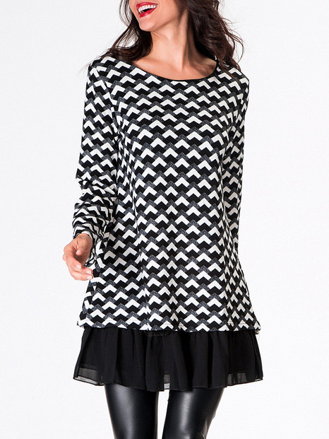 Casual Boat Neck Geometric Printed Ruffled Hem Long-sleeve-t-shirt