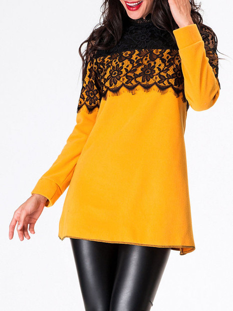 Casual Band Collar Lace Patchwork Long-sleeve-t-shirt