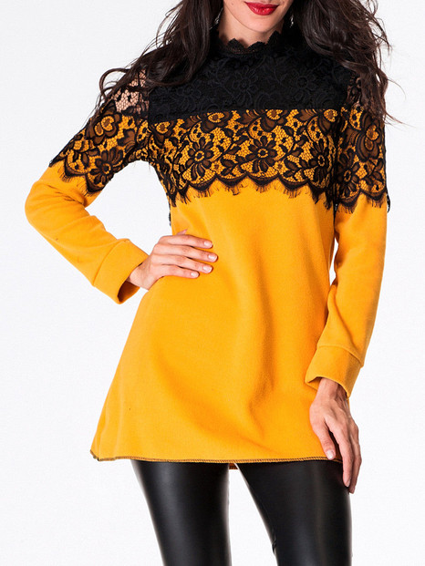 Casual Band Collar Lace Patchwork Long-sleeve-t-shirt