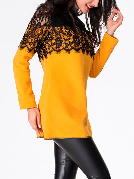 Casual Band Collar Lace Patchwork Long-sleeve-t-shirt