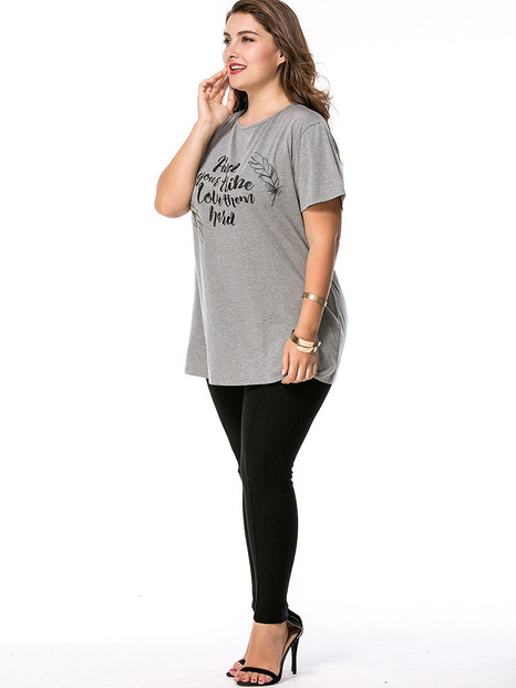 Casual Feather Letters Round Neck Plus Size T-Shirt