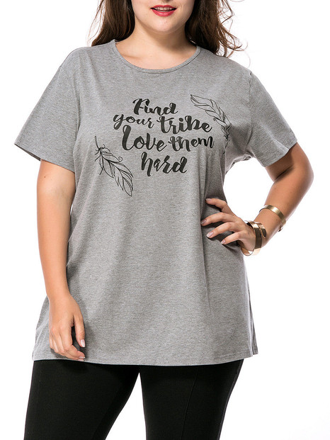 Casual Feather Letters Round Neck Plus Size T-Shirt